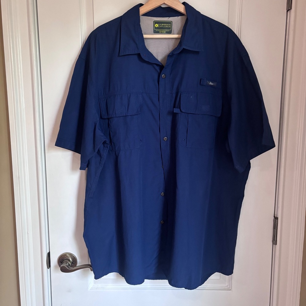 GH Bass Explorer Mens XXL Blue Short Sleeve Fishing Shirt Ventilated Outdoor